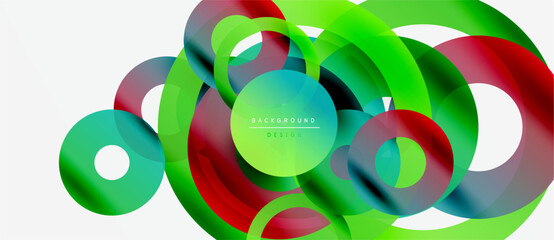 Abstract vibrant circles overlap creating dynamic colorful composition. Modern design elements suggest movement, energy, innovation.