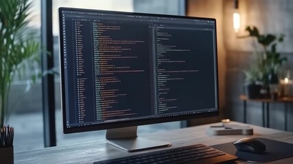 Creative workspace with coding activity and modern design during evening hours