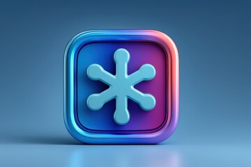Obraz premium Modern digital snowflake icon embedded within a vibrant, sleek square frame representing innovation and winter aesthetics featuring a bold color palette with gradients of blue and purple