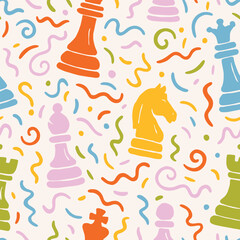 Chess Doodle seamless pattern. Vector illustration flat design background. 