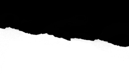 Torn piece of white paper with jagged edge contrasts against solid black background, creating...