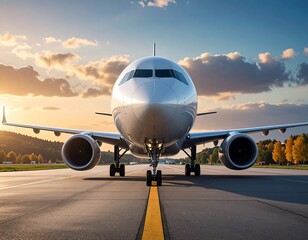Commercial Airplane on Runway at Sunrise.