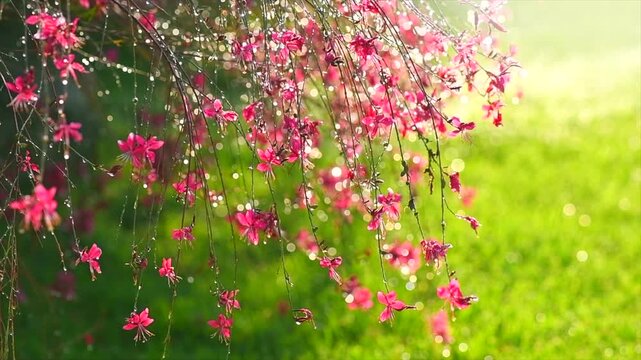 Gaura pink flowers blooming, dew drops, garden design, spring gaur lindheimeri or whirling butterflies in Mediterranean garden, sun, romantic country cottage garden, closeup, slow motion. 