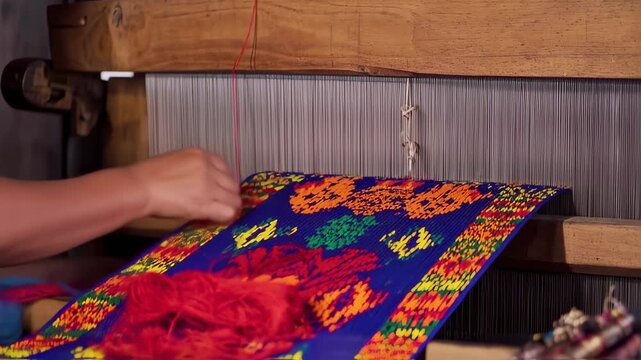 Traditional carpet weaving process in a manual loom, handmade craft skill