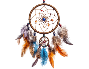 A dreamcatcher, ornate with feathers and beads