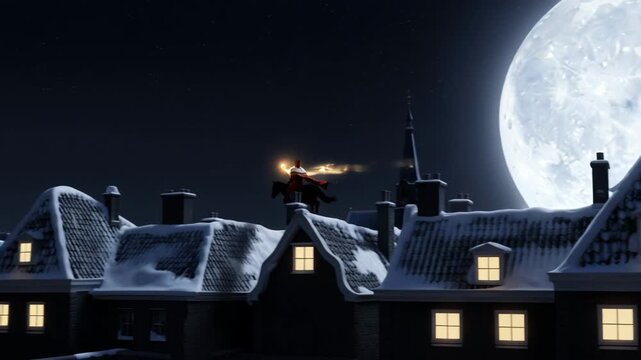 Silhouette of Sinterklaas figure on horseback against large full moon, overlooking dutch rooftops of quaint houses, capturing the enchanting spirit of a traditional december  holiday celebration