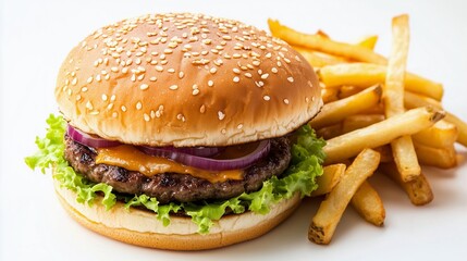 Delicious Burger and Fries: A mouthwatering burger with a sesame seed bun is served with crispy, golden fries, a perfect shot of fast food