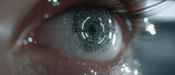 A close-up of a human eye with a futuristic, cybernetic, and mechanical design in the iris, reflecting advanced technology