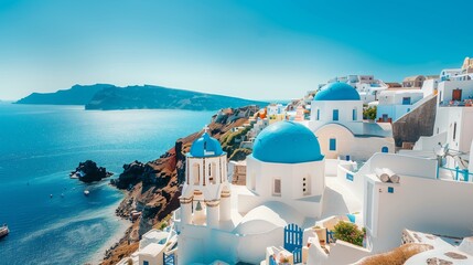 Obraz premium Greek Island Panorama: A captivating visual of iconic white buildings adorned with azure domes cascading down a sun-kissed hillside.