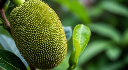 Close-up of a young jackfruit growing on a tree in a tropical setting lush foliage