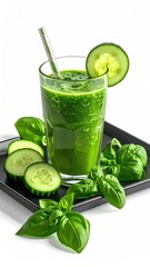 Fototapeta premium Refreshing green smoothie in a tall glass with cucumber and basil garnish on a dark tray, isolated on white