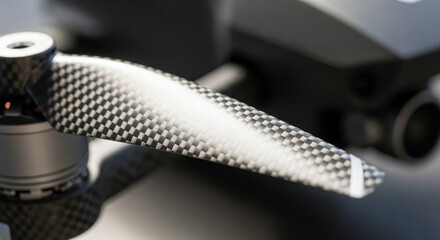 A macro close-up of a single, sleek drone propeller. The material (e.g., carbon fiber) and texture are in sharp focus, with the rest of the drone blurred in the background. The lighting highlights its