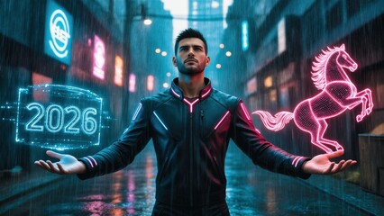 Cyberpunk Neon 2026 New Year with Holographic Horse in Rainy Alley