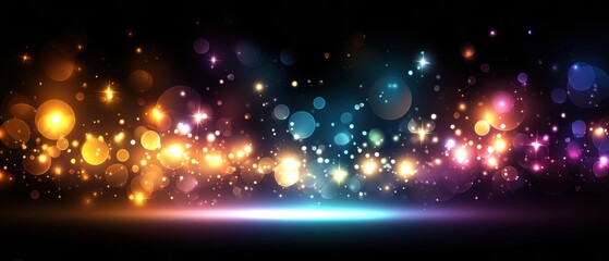 Colorful glowing bokeh lights and sparkling particles on a dark background, creating a magical and vibrant atmosphere