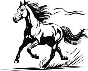 Horse running with flying mane line art – dynamic pose, simple vector, white background