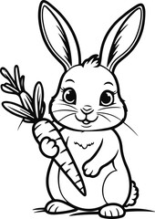 Rabbit holding carrot line art – cute minimal illustration, clean outline, white background