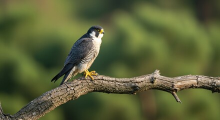 Naklejka premium Peregrine falcon perched on a gnarled tree branch