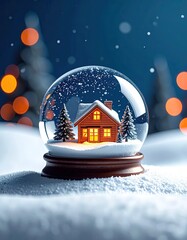 Illuminated miniature house nestled within a snow globe, set against a bokeh backdrop of snowy winter landscape and twinkling lights