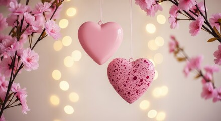 Two Pink Hearts Hanging Amongst Cherry Blossoms And Bokeh Lights