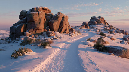 Discover serene winter mountain trails bathed in soft golden hour light offering a peaceful escape and breathtaking views