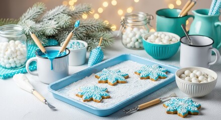Holiday Baking Decorating Snowflake Cookies with Blue Icing and Sprinkles