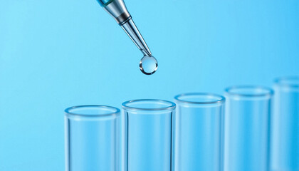 Precise liquid drop from pipette entering clear glass test tube in laboratory experiment