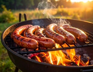 Grilled Sausages on a Backyard Grill.