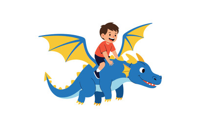 A happy boy rides a friendly blue dragon.