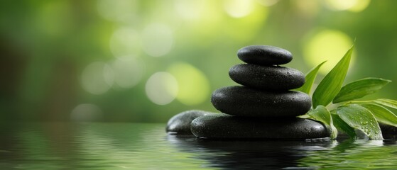 Obraz premium Smooth black stones stacked with green leaves and reflected in calm water, set against a soft, natural green background