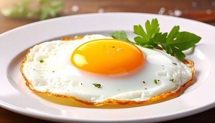 &ldquo;Sunny-side up fried egg on plain white plate with bright yolk and crispy edges, minimal white background.&rdquo;