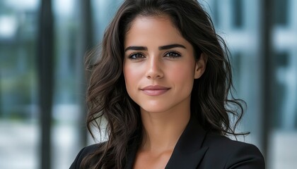 Fototapeta premium Close Up Headshot of a Confident Young Professional Woman with Dark Eyes, Exuding Ambition and Poise