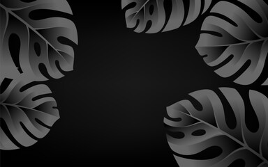 Black background with monstera leaves and copy space. Vector horizontal banner with dark decoration elements.