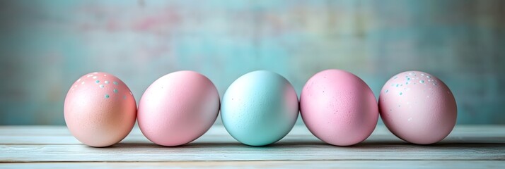 Obraz premium Five decorative eggs in soft colors are lined up on a wooden surface, showcasing pastel shades of pink and blue
