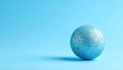 “Single glittery blue ball on light blue surface with matching background, minimal composition and shimmering texture.”
