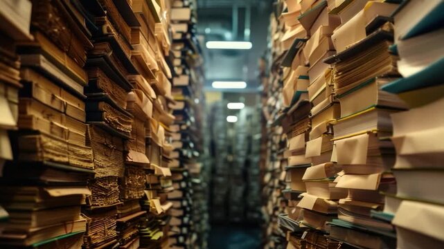 A narrow aisle of books in a quiet library