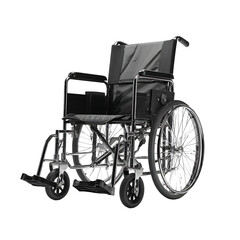 Fototapeta premium A silver metal wheelchair with black fabric seat and back positioned on a solid transparent background for enhanced visual contrast