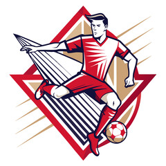Dynamic soccer player illustration with geometric background elements