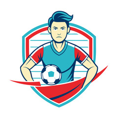 Determined soccer player illustration in front of shield background