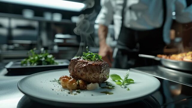 Chef plating a gourmet dish with precision in a professional kitchen during evening service