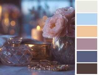 poetic still life with colours palette sets, help for designers and artists. soft bokeh