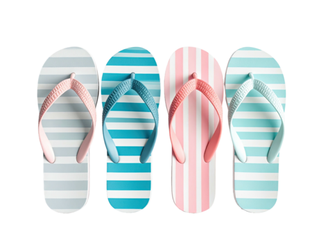 Four striped flip-flops in a row, various colors
