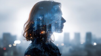 A woman's silhouette blends with a cityscape and digital circuit patterns, symbolizing the connection between technology, urban life, and human intelligence