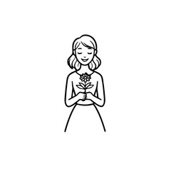 Black and white vector illustration of a beautiful woman holding a flower, minimal clean line art style