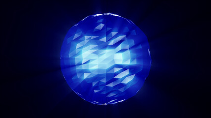 right blue faceted sphere glowing with radiant energy, casting light beams in a dark futuristic space