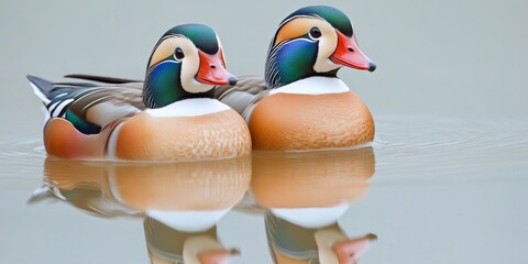 Two Elegant Mandarin Ducks Floating on a Serene Morning Pond, Their Reflections Glimmering Softly