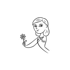 Black and white vector illustration of a beautiful woman holding a flower, minimal clean line art style