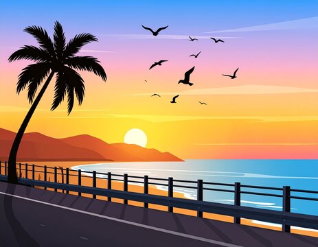 Beach landscape with sunset sky and palm tree and road guardrail. Vector illustration - Powered by Adobe
