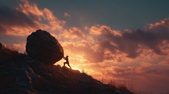 Silhouette of man pushing giant boulder uphill against dramatic sunset sky, symbol of perseverance, struggle and determination