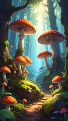 Forest path with giant mushrooms