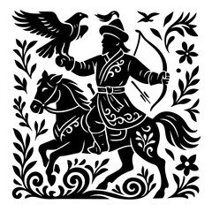 Eagle Hunter on Horseback — Central Asian Steppe Falconry Heritage Woodcut (Monochrome Vector)